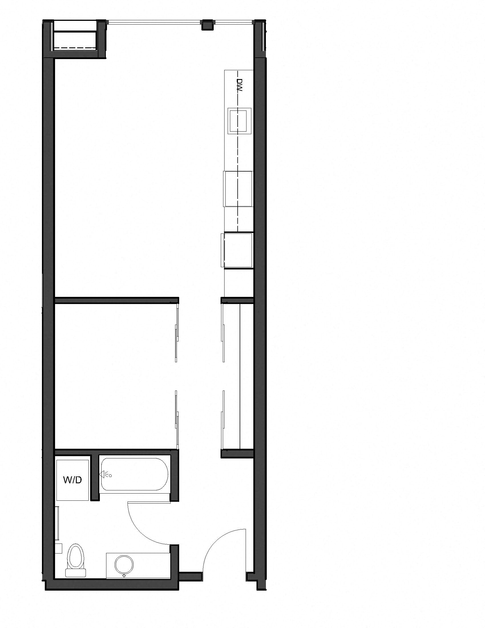 Floor plan for 1 bed, 1 bath, 581 sqft